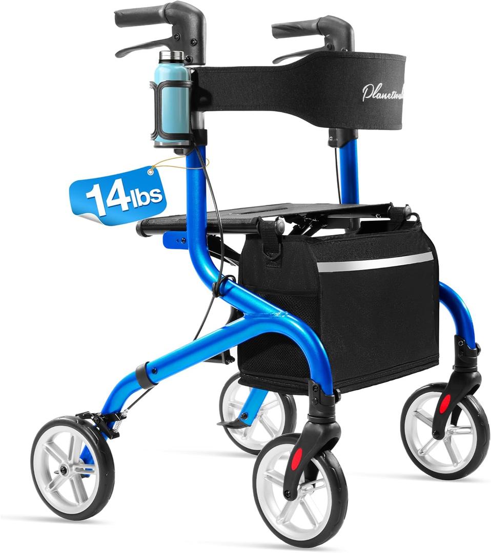 Super Lightweight Rollator Walker for Seniors, Foldable Rolling Walker with Seat and 8" Rubber Wheels for All Terrain, Upgraded Height Adjustment Button with Cup Holder, Blue