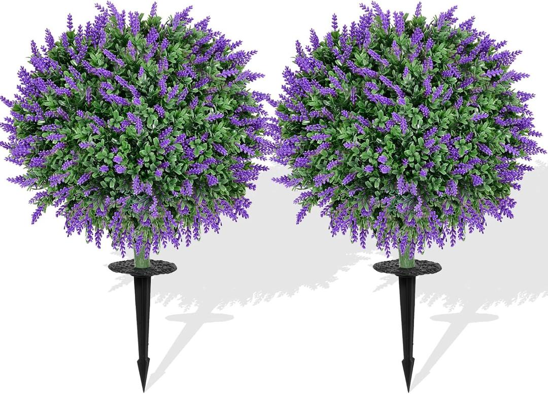 Artificial Boxwood Topiary Balls with Lavender  Set of 2 UV-Resistant 23" Fake Shrubs with Ground Spikes, Faux Evergreen Decorative Plants for Outdoor Indoor Porch Patio Garden
