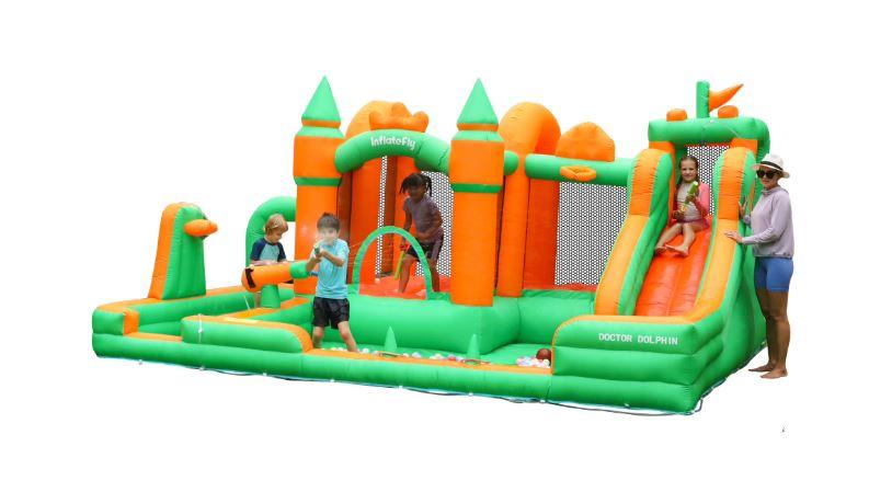INFLATEBLE Bounce House with Slide for Kids Doctor Dolphin Theme Water Bounce House with Climbing Wall, Splash Pool & Ball Pit Wet & Dry Use, Outdoor & Indoor, Inflatefly