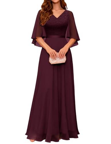 DRESSTELLS Formal Dresses for Women, Lace Sleeve V Nevk Mother of Bride Dress for Wedding Guest Bridesmaid Evening Gown Party Prom A-line, Burgundy, XL