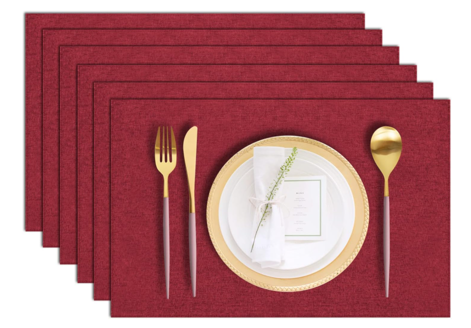 Cloth Placemats Set of 6, Cotton Linen Blend Machine Washable Durable Linen Table Mats, Heat Resistant Placemats Wrinkle Free Place Mats for Dining Table, Easy to Clean (Burgundy, 6)