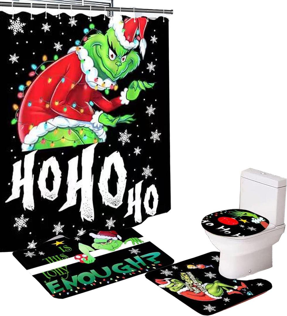 Merry Christmas Bathroom 4-Piece Set, Shower Curtain, Non-Slip Rug, Toilet Seat Cover and Bath Mat Christmas Holiday Bathroom Decor with Hooks 72 x 72 inches (Style 2)