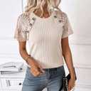 Ribbed Short Sleeve Tops For Women Lace Patchwork Crew Neck Shirts Dressy Casual Work Blouses Summer Fshion Tunics (Teal)