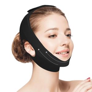 Jawline Shaper Chin Strap for Sleeping, Reusable V-Line Mask for Women Face Lifting Made w/Electric-Hot-Press Tech for Skin-Friendly & Breathable Cooling Fabric (Black, M)