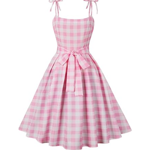 Generic Knot Strap Pink and White Plaid Women Dress Summer Elegant Evening Vintage Party Pleated Dresses,Size Small