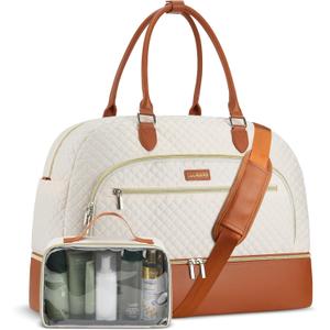 Weekender Bags for Women, Large Travel Duffel Bag Carry on Overnight Bag with Shoe Compartment and Toiletry Bag for Travel Business Gym Hospital, Beige Brown