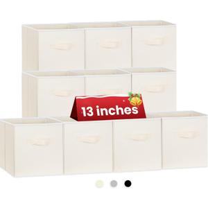 Criusia Large Storage Cubes, 13 Inch Cube Storage Bins for Shelves Closet Nursery Bedroom - 10 Pack Collapsible Storage Baskets with Handles - Fabric Bins for Organizing Clothes Blanket Toys (Beige)