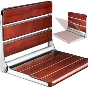 18.4" Folding Teak Shower Seat Wall Mounted Fold Down Shower Chair, Solid Teak Wood Shower Bench with 304 Stainless Steel Frame, Wall Mount Shower Seat for Senior, Disabled, Bathroom, 400lb Capacity