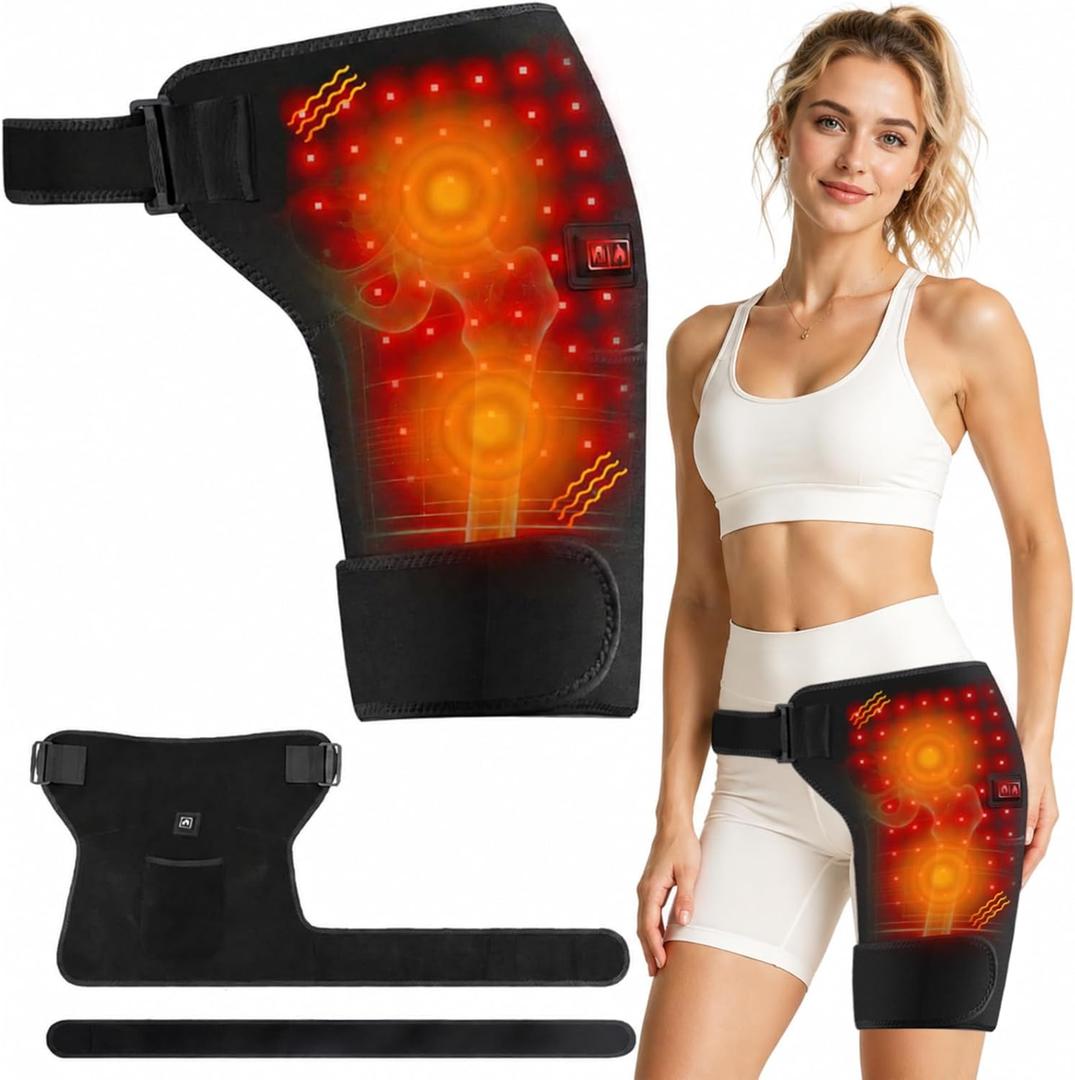Red Light Therapy Hip Thigh Wrap with Massage, 105 LED Beads, 660/850nm Light, 3 Vibration Massage Modes, 3 Adjustable Heat Levels, USB Powered, Wearable Support for Thigh, Buttock & Lower Back