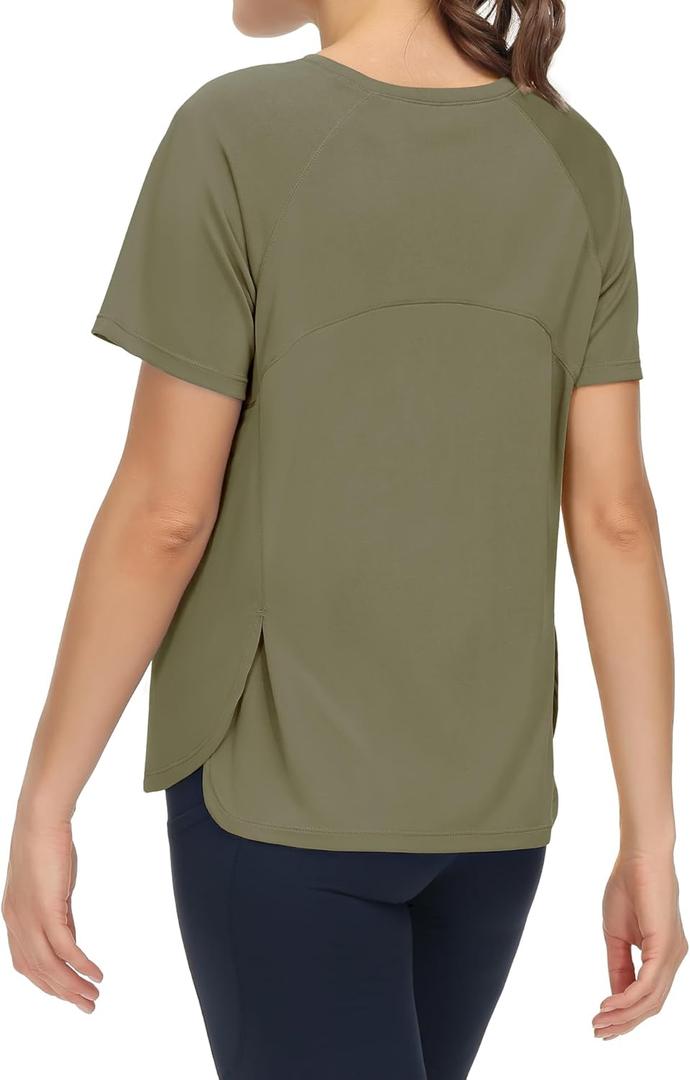 THE GYM PEOPLE Women's Short Sleeve Workout Shirts Breathable Yoga T-Shirts with Side Slits Athletic Tee Tops (Large, Grey Green)