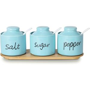 ONTUBE Farmhouse 8oz Sugar Pepper and Salt Bowls with Lid and Spoon, Ceramics Condiment Pots,Seasoning Jar Spice Container for Kitchen,Dishwasher Safe (Turquoise)