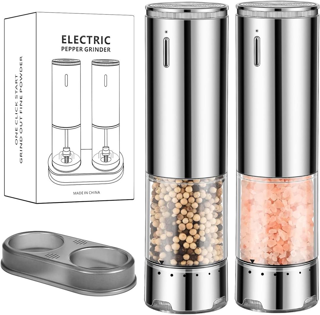Rechargeable Salt & Pepper Grinder Set - Electric Automatic Grinder, Adjustable Coarseness, LED Light, One-Hand Operation, Stainless Steel & Acrylic, USB Charging, Black (Set of 2)