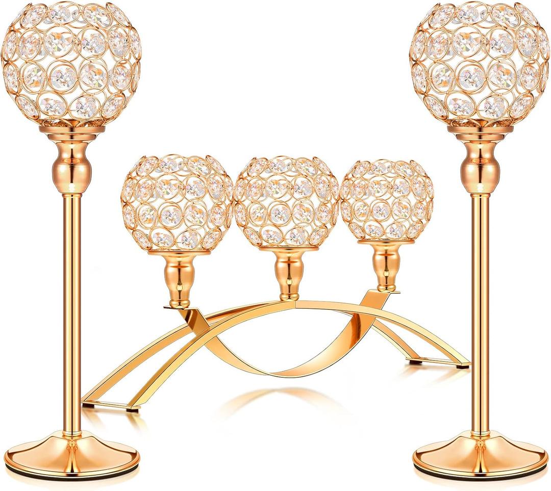 Set of 3 Pieces Gold Crystal Candle Holders, Tealight Candlestick Candelabra Stand with 3 Arms, Decorative Table Centerpieces Fireplace Home Living Room Decor for Wedding Housewarming Anniversary