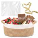Christmas Woven Gift Basket with Gift Bags and Ribbons 12"x8"x5" Empty Cotton Rope Storage Basket for Birthdays, Baby Showers, Wedding DIY Presents(White, Coffee)