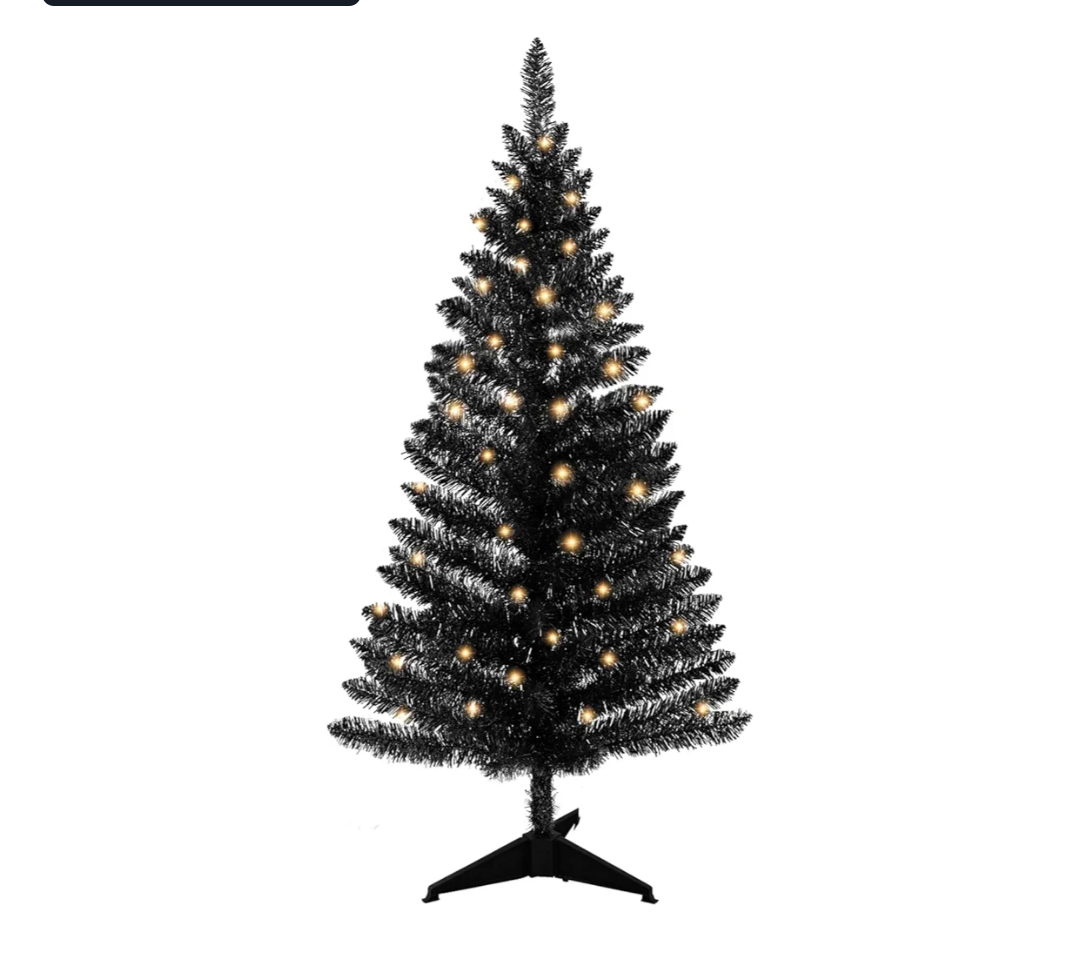 4ft Lighted Artificial Black Christmas Tree, Not Pre-lit Black Tinsel Pine Trees with Lights, Ideal for Ideal for Home, Office, and Xmas Party Décor - Includes Stand