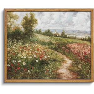 OIQArtOIQ Framed Wall Art Vintage Wall Decor Wildflower Fields Canvas Art Spring Florals Pictures Cottage Paintings Landscape Prints Countryside Artwork For Kitchen Bedroom Living room (8x10 in, Pastoral Pathway)