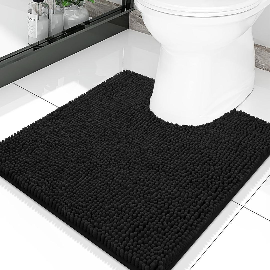Smiry Luxury Chenille Toilet Rugs U-Shaped 20x20, Soft Absorbent Non-Slip Contour Bathroom Rugs for Toilet, Machine Washable Contoured Bath Mats, Black