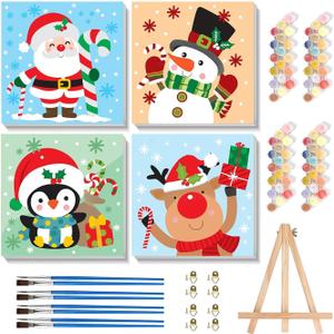 cviokrdu 4 Pack Paint by Numbers Kit for Kids with Frame-Wooden Easel, Christmas Paint by Numbers for Kids Ages 4 8 12, Easy Christmas Acrylic Oil Painting Kits for Home Wall Decoration 8x8 inch
