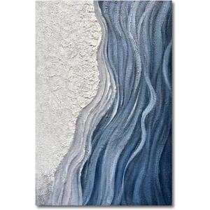 Art Hand-Painted Blue and White Texture Abstract Art Oil Painting Modern Art Oil on Canvas Large Wall Art Deco 45x30 inches,Yi049