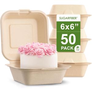 [50 COUNT]Harvest Pack 6 X 6" Compostable Clamshell Take Out Food Containers, PFAS FREE Square To go Containers with Lids, Heavy-Duty Disposable Bagasse Bento Cake Box, Eco-Friendly Sugarcane Fibers