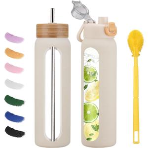 32 oz glass water bottle - 1 Litter Motivational Tumbler With Time Marker - Borosilicate Glass Water Bottles With Silicone Sleeve and 2 Lids - Handle Spout Lid & Bamboo Straw Lid (White)