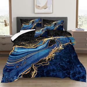 Black Gold Comforter Set Queen Size Blue Marble Bedding Comforter Ocean Blue River Marble Abstract Bedding Watercolor Glitter Comforter Set with 2 Modern Pillowcases