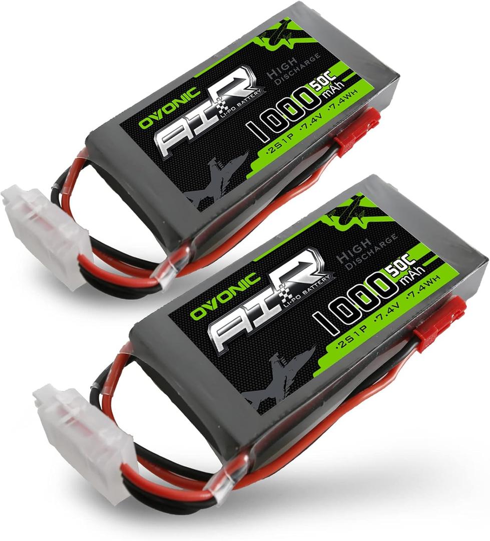 OVONIC 2s Lipo Battery 50C 1000mAh 7.4V Lipo Battery with JST Connector for RC FPV Racing Drone Quadcopter(2 Packs)