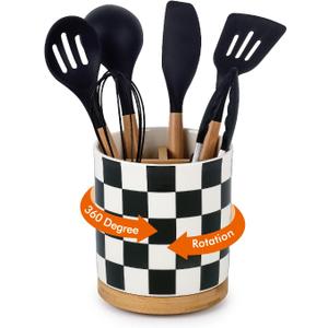 LoeJan 3 Compartment Utensil Holder, Extra Large Utensil Crock, Stable Ceramic Utensil Organizer, Cooking Tool Organizer Set for Kitchen Counter Farmhouse Decor (Black(Square)) (7.2 inch)