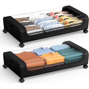 Under Bed Storage with Wheels and Lid, Under Bed Rolling Storage with XXL Large Capacity, Under the Bed Storage for Bedroom Under Bed Storage Containers for Clothes Shoe Blanket Toy Book byAUING,2Pack (48L, Bright Black)