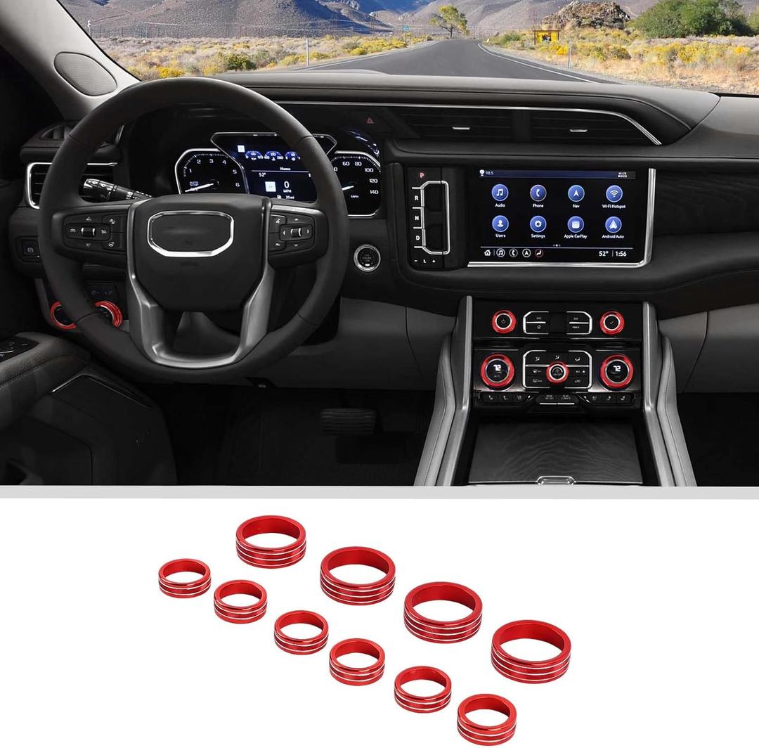JWWY Center Console HVAC Dashboard Climate Control Knob Light Radio Switch Button Knob Cover Fit for 2019-2024 Chevy Silverado 2020+ Suburban,2021+Tahoe Aluminum Alloy 10PCS Red