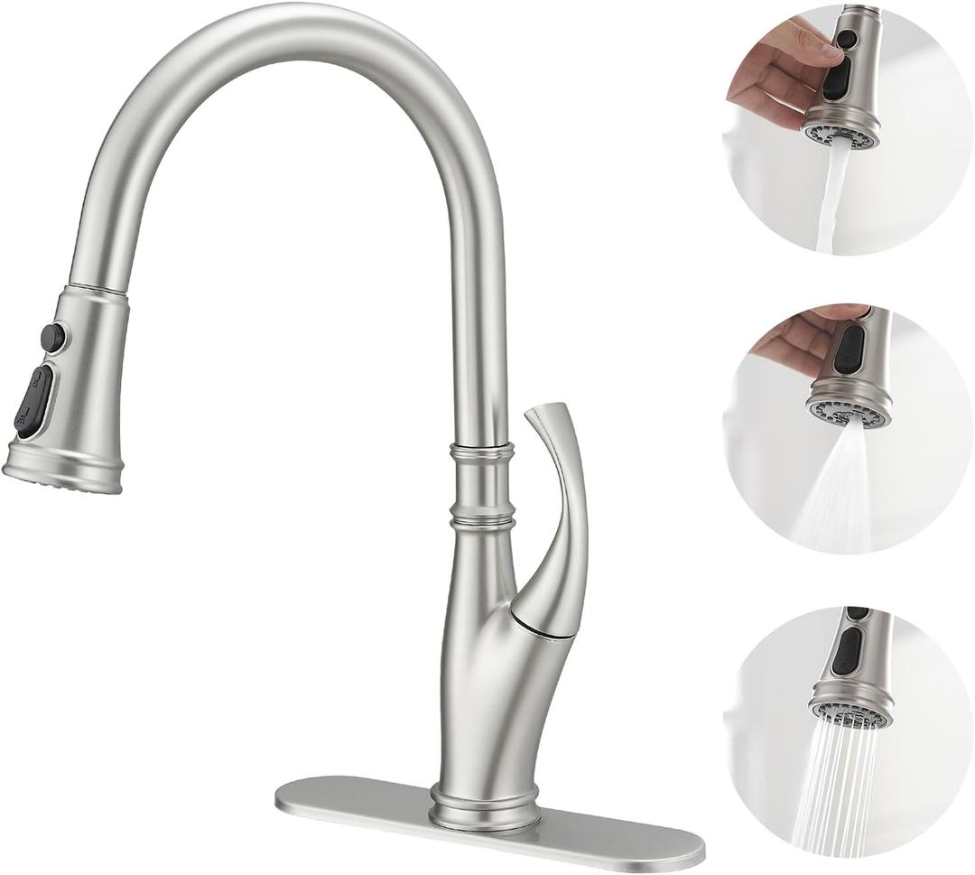 Brushed Nickel Kitchen Faucet with Pull Down Sprayer,Commercial Kitchen Faucet,High Arc Modern Kitchen Sink Faucet, 360Swivel Faucet for Kitchen Sink, Bar, Farmhouse, Laundry