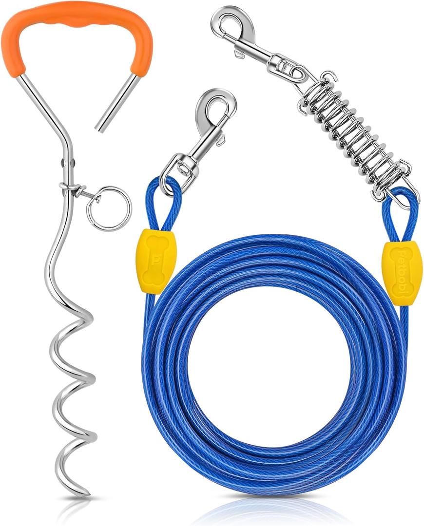 Petbobi Dog Tie-Out Cable and Stake - 30ft Heavy Duty Cable with Spring, No Tangle, 16in Ground Stake, Ideal for Yard, Camping and Beach, Suitable for Small Medium Large Dogs Up to 120 lbs, Blue