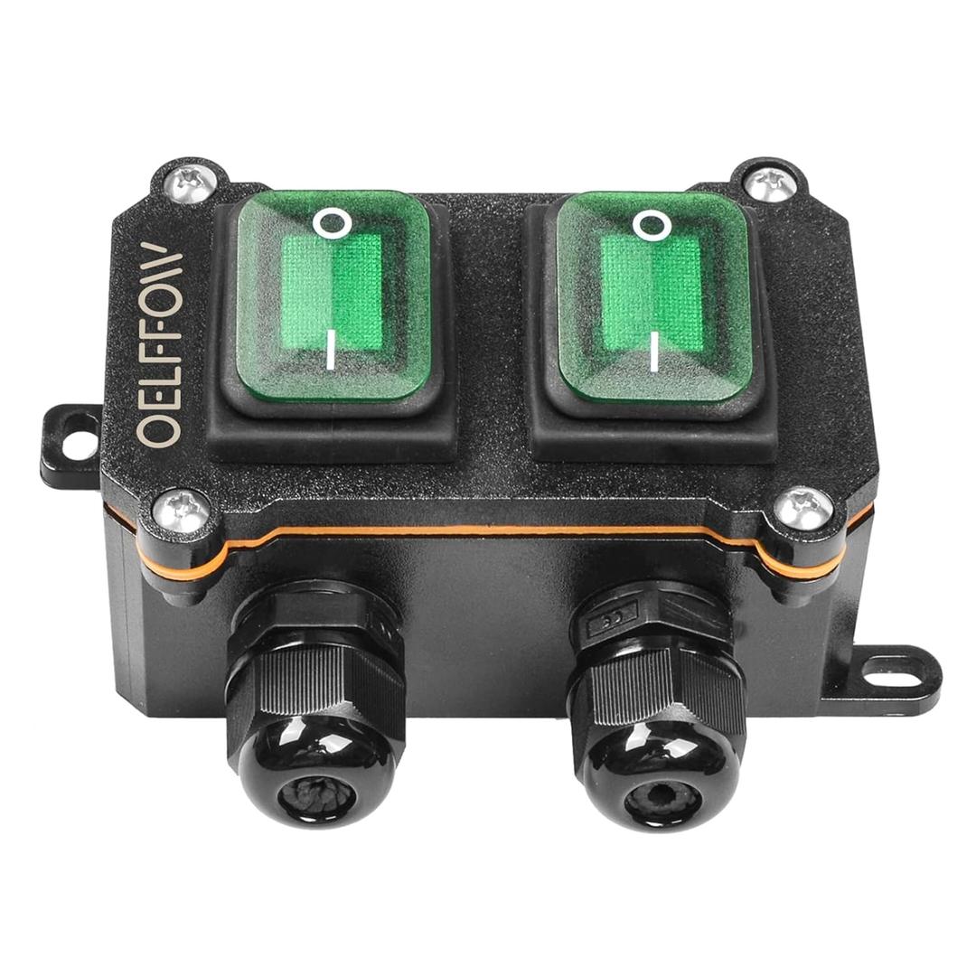 Waterproof On Off Toggle Switch Double Switch/Outlet with Green Light Rocker Button Inline Cord Switch DPST AC 20A-125V,16A-250V