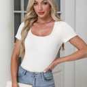Women's Short Sleeve Tops Casual Scoop Neck Ribbed Knit Slim Fitted Basic Tee Shirts 2025 Summer Trendy Outfits (White, M)