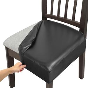 Soft Leather Chair Seat Covers Dining Chairs Set of 4, Waterproof Seat Covers for Kitchen High Stretch & Well-Fitted Chair Covers Dining Chairs with Elastic Ties (Black, Rear-Covered)
