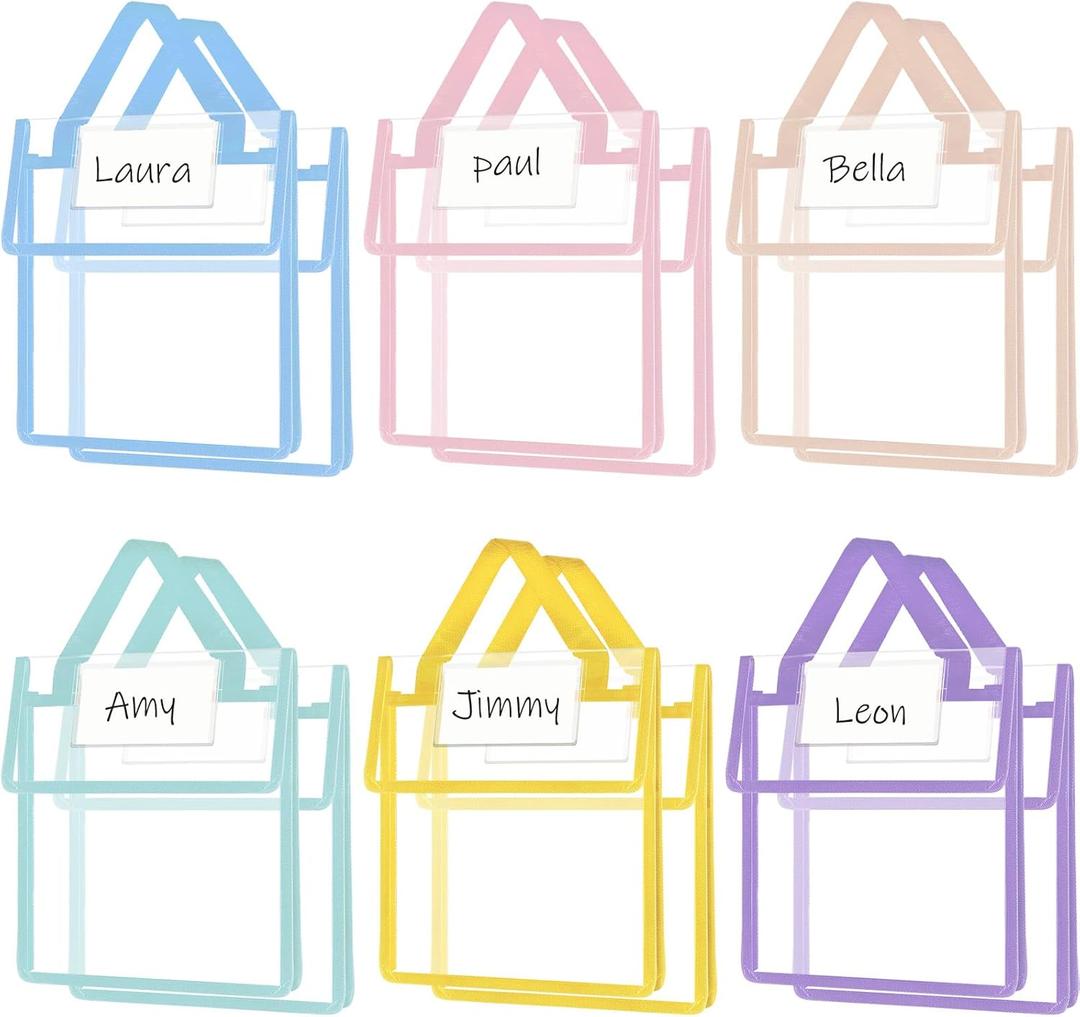 Teling 12 Pack Thick Clear Book Pouches with Blank Name Tags and Handles Book Baggies Bags Bins Organizer for School Classroom Library Pockets Students (10 x 12 Inch,Pastel Color)