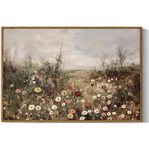 InSimSea Framed Canvas Prints Art Vintage Decor, Classical Wildflower Field Meadow Flowers Painting, Rustic Landscape Large Wall Art for Living Room Bedroom Home Bathroom Wall Decor, 16x24inch