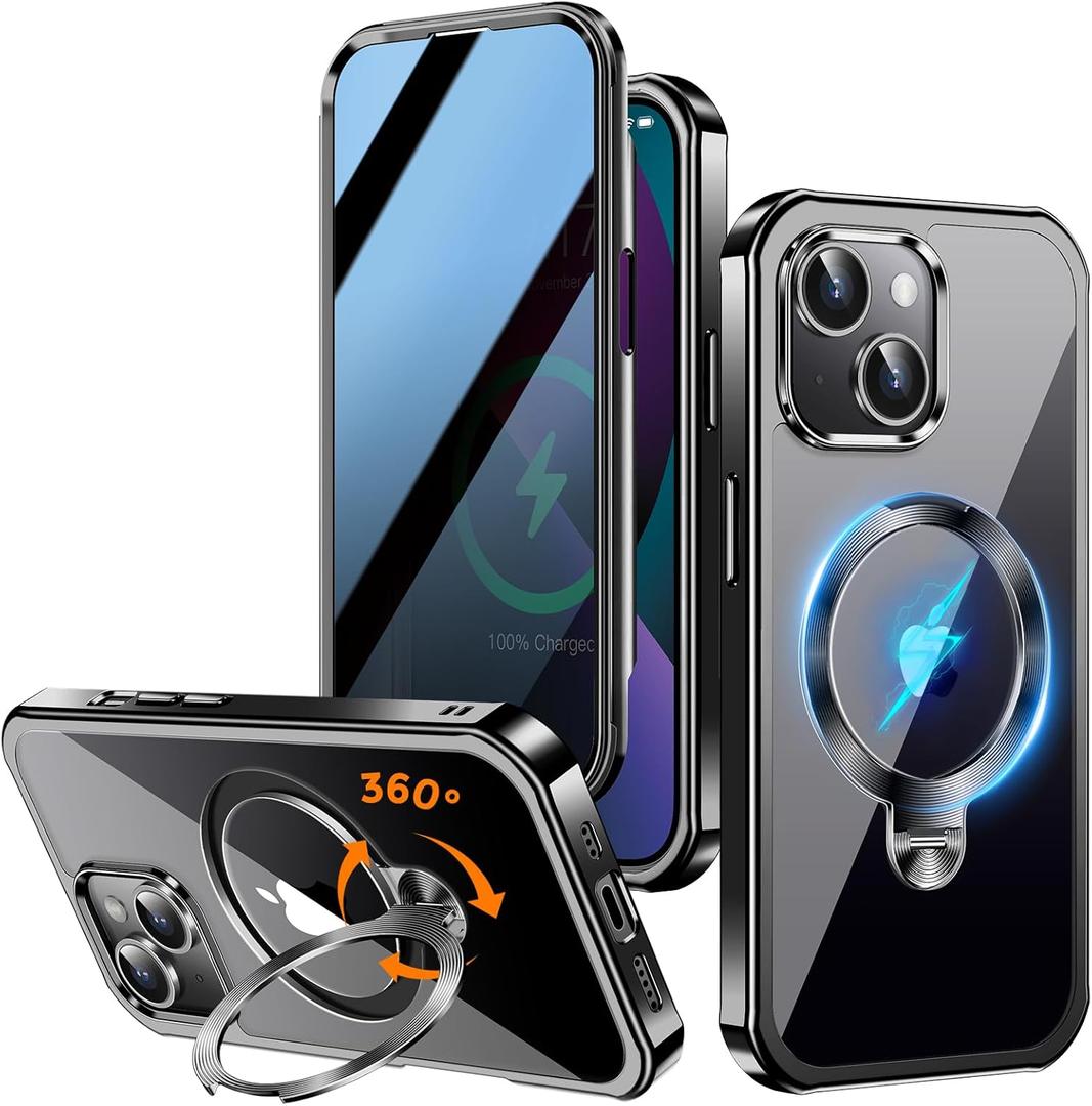 [360 Rotatable CD Stand & Built-in Privacy Screen Magnetic Case for iPhone 13 [Compatible with MagSafe & Full Signal] Mil-Grade Shockproof Full Body Anti-Spy Cover for 13-Black