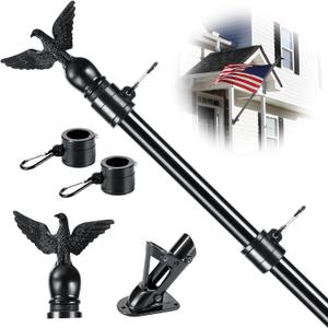 6FT Flag Pole Kit for House with Holder Bracket, Upgrade Stainless Steel Tangle Free Flagpole, Heavy Duty House Flag Pole Kit for 3x5 American Flag for Outside Porch,Outdoor,Boat (Black)