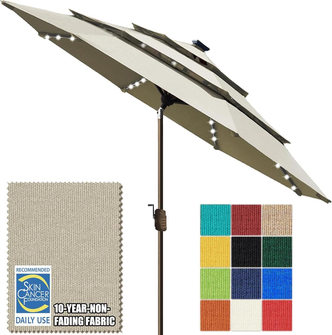 EliteShade USA 10-Year-Non-Fading 10Ft 3 Layers Market Umbrella with 80 LED Lights Patio Umbrella Outdoor Table Umbrella with Ventilation(Antique Beige)
