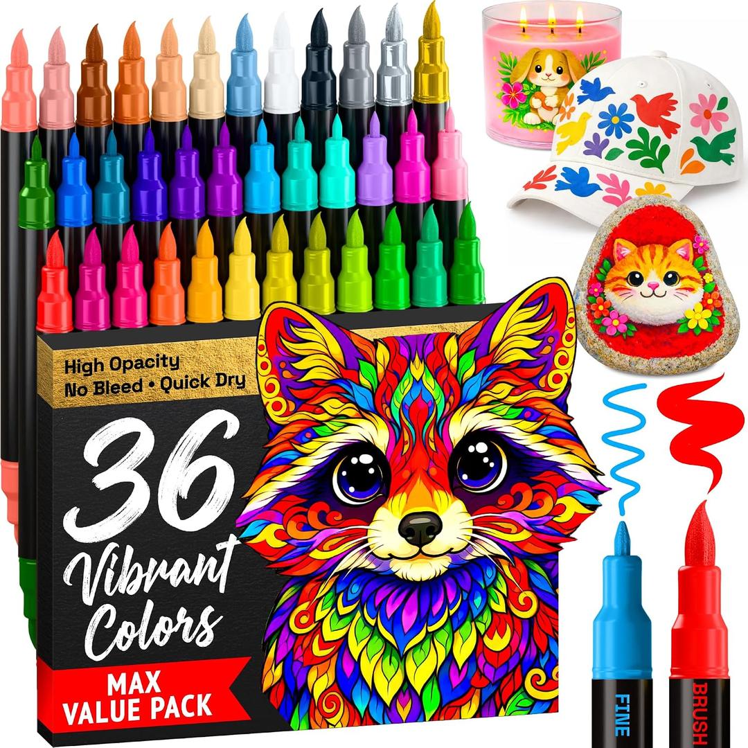 ARTISTRO 36 Acrylic Paint Markers - Paint Pens for Drawing, Brush + Fine Tips - For Fabric, Rock, Glass, Wood, DIY - Art & Craft Supplies for Adults, Teens, Kids - Teacher Appreciation Gift