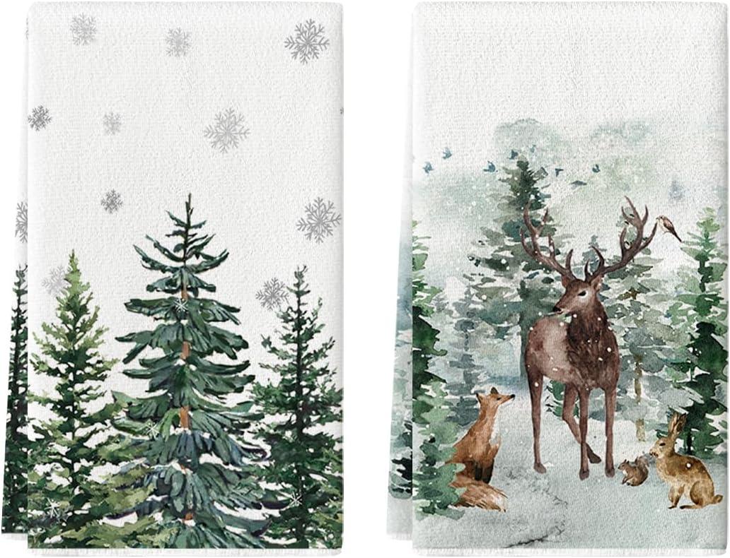 Artoid Mode Elk Trees Snow Hello Winter Kitchen Towels Dish Towels, 18x26 Inch Seasonal Christmas Decoration Hand Towels Set of 2