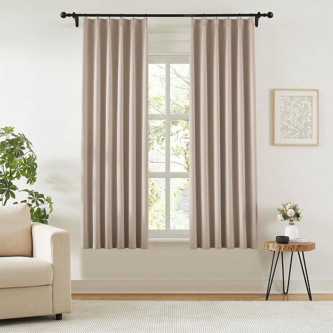 KangBang Khaki Pinch Pleated Blackout Curtains 63 Inches Long, Thermal Insulated Room Darkening Modern Drapes for Bedroom Kitchen with Adjustable Hooks, 2 Panels, 40Wx63L, Taupe