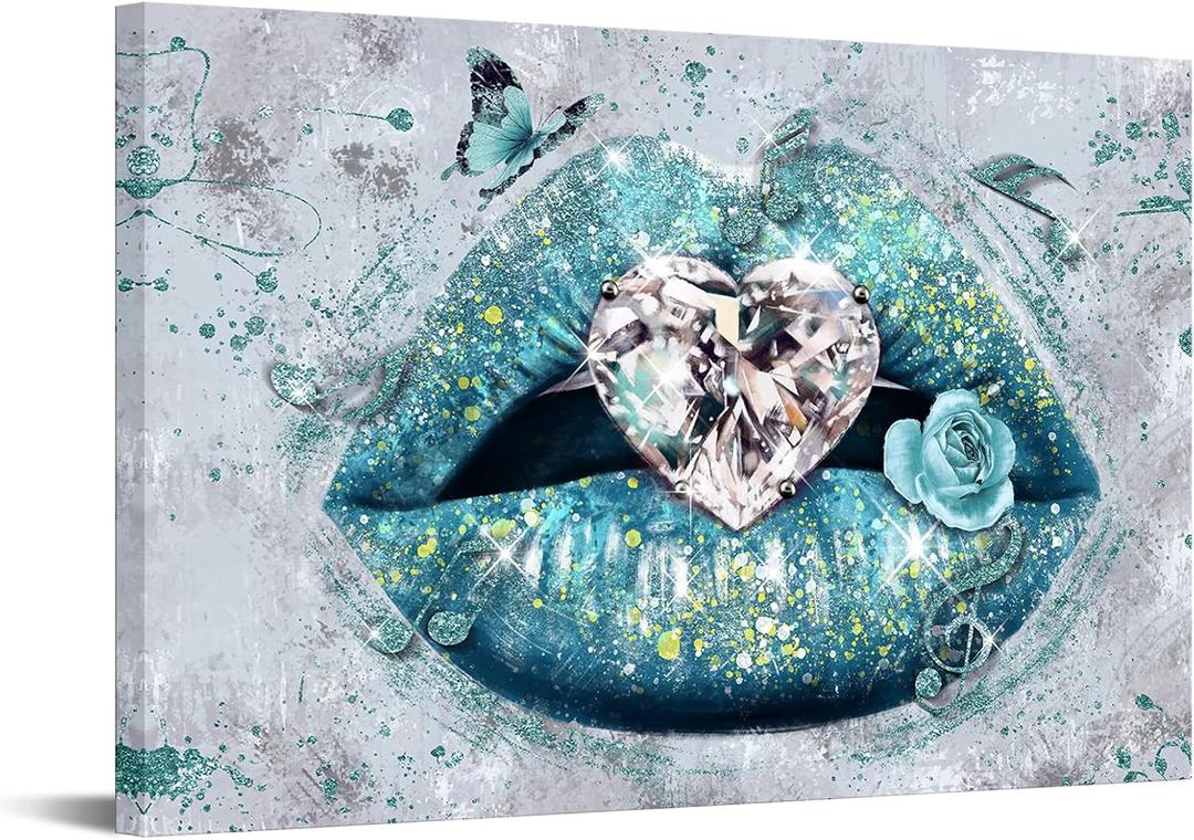 OuElegent Lip Canvas Wall Art Woman Fashion Diamond Painting Picture Teal Lips Artwork for Makeup Room Living Room Bedroom Wall Decor Giclee Prints Gallery Wrapped Ready to Hang 24x36 Inch