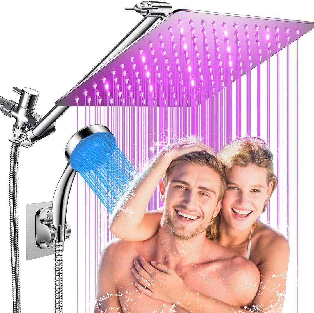 LED Shower Head, 12 LED Shower Head with Color Changing Lights, High Pressure Rainfall Shower Head Combo, Chrome Stainless Steel & 11 Flexible Curved Arm, 60 Hose