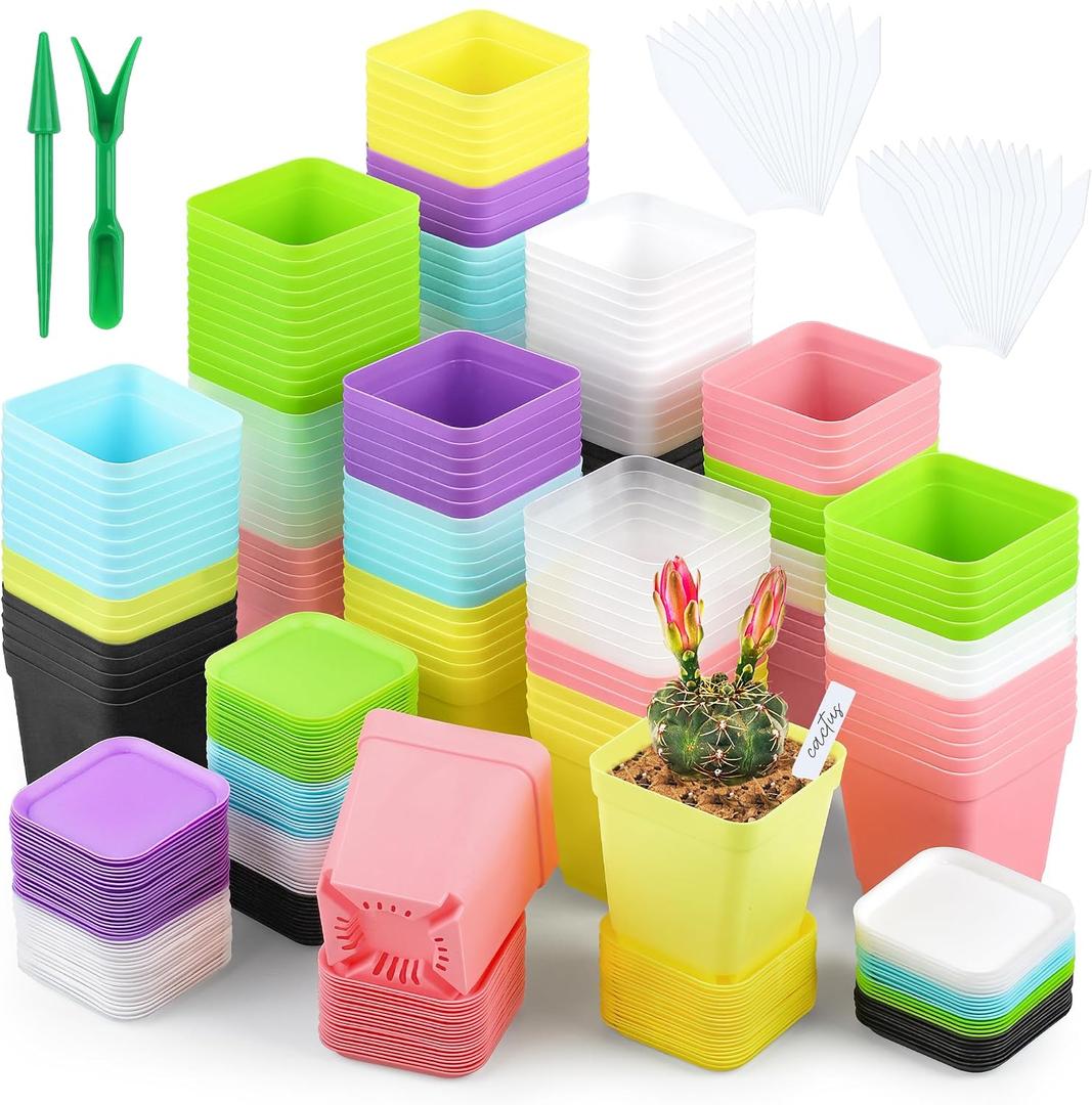 Hahood 160 Pieces Square Flower Plant Pots 3 Inch Flower Seedling Nursery Pots with Pallet Colorful Mini Plastic Planters with Labels and Tools for Room, Garden, Office and Balcony, 8 Colors