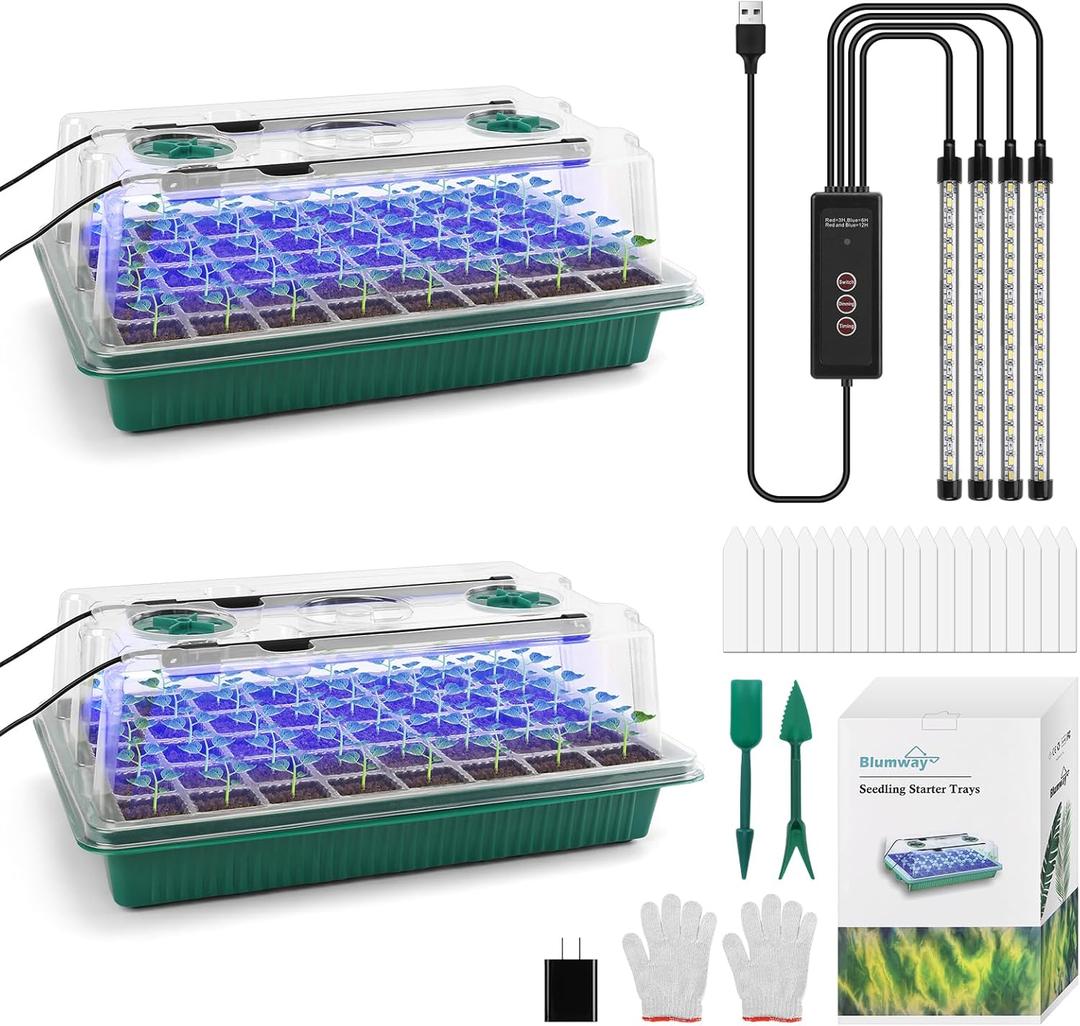 BlumWay Seed Starter Tray with Grow Light, 2 Pack 80 Cells Seedling Tray Kit with Humidity Dome/Indoor Plant Starter Kit, Adjustable Brightness Plant Germination Trays-Green