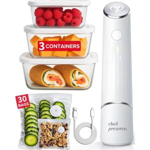 Chef Preserve Compact Vacuum Sealer for Food (Vacuum Sealer Machine + 3 Glass Vacuum Containers + 30 Reusable Vacuum Bags) Powerful Handheld Vacuum Seal Machine, Seal Meal Saver, Portable Food Sealer