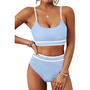 BMJL Women's High Waisted Bikini Ribbed Two Piece Swimsuit High Cut Color Block Adjustable Straps Bathing Suit, L