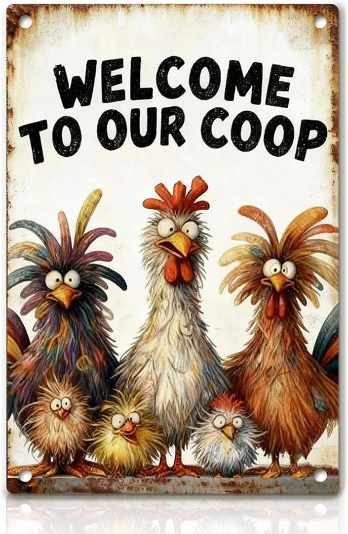 Funny Chicken Metal Decor Sign Vintage Metal Tin Sign Wall Art Decor Welcome To Our Coop Chicken Coop Signs for Outdoor Decorations Gifts for Women and Hen Lovers 8 X 12 Inch